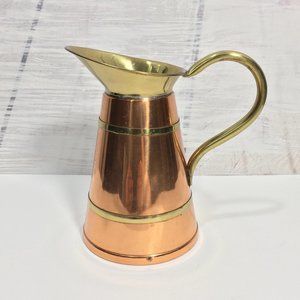 Vintage LINTON Copper Brass Banded Pitcher Jug wit Handle 7” Tall